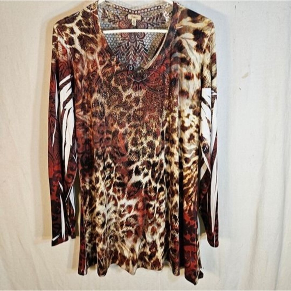 Reba Brown Rhinestone Leopard V. Neck Long Sleeve Tunic -- ITEM #2279